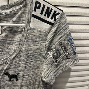 PINK Victoria's Secret Vintage Gray Marled Sequin Logo Tee